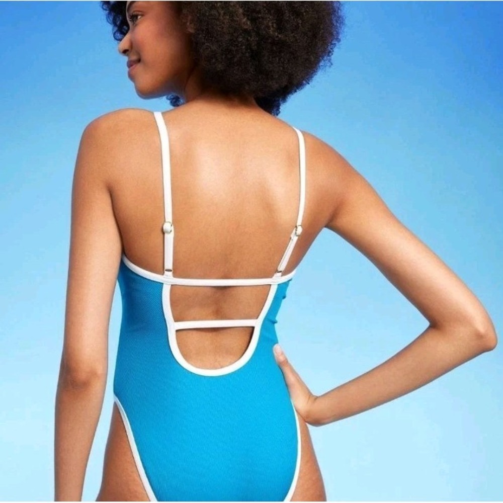 NWT Shade & Shore One Piece Swimsuit Women XS Blue Scoop Neck Strappy Open Back